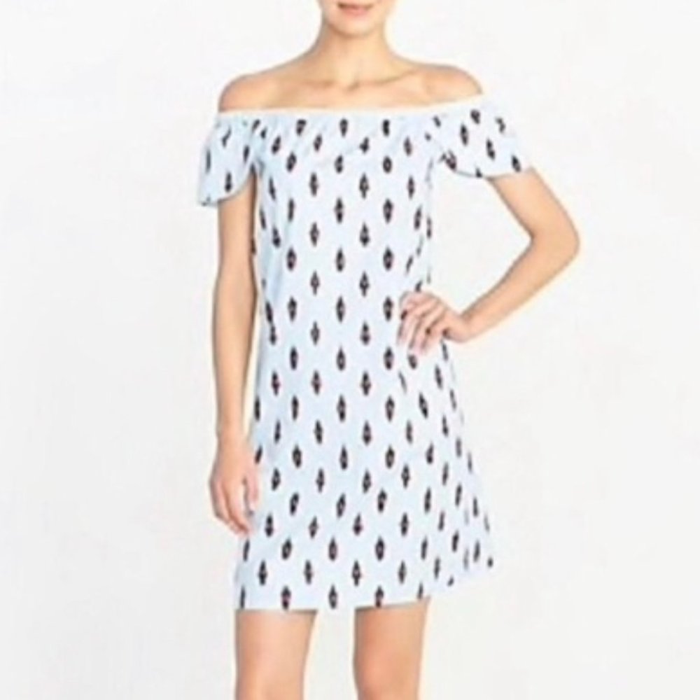 J. Crew Pure Cotton Pale Sea Ikat Off Shoulder Shift Dress